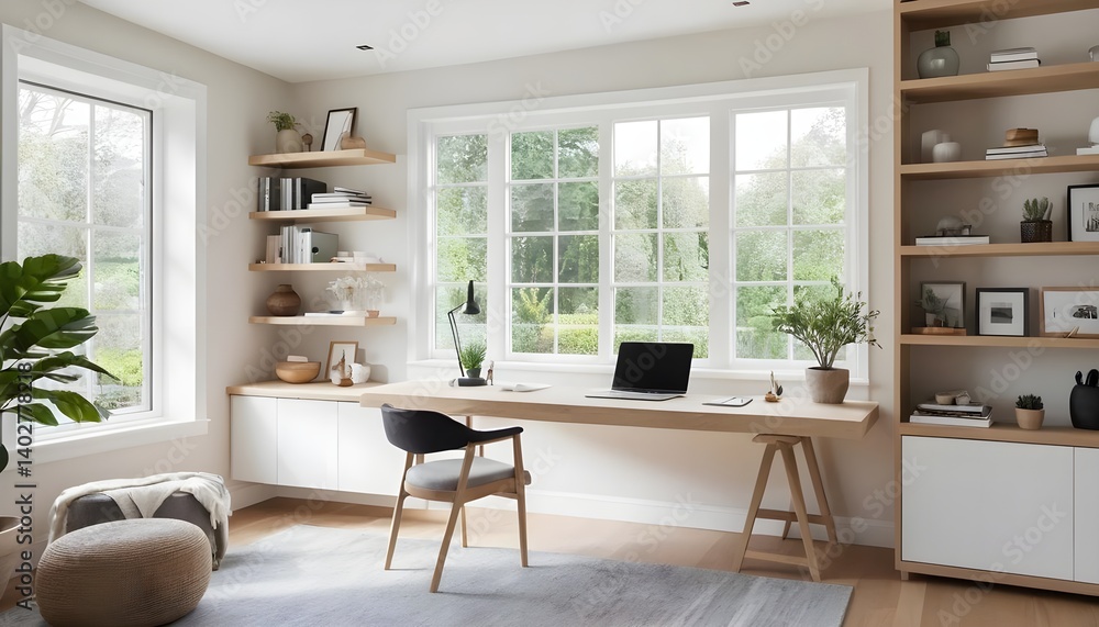 © ลลิดา ไชยศรีษะ - Minimalist Home Office with Natural Light and Wooden Desk © ลลิดา ไชยศรีษะ - Minimalist Home Office with Natural Light and Wooden Desk