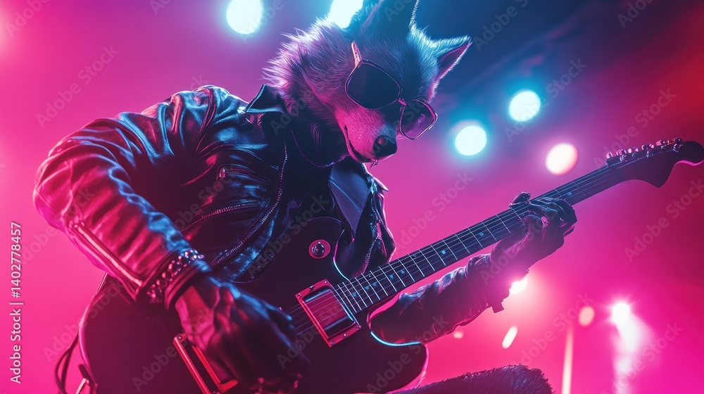 Energetic musician in a fox costume plays electric guitar on a stage.
