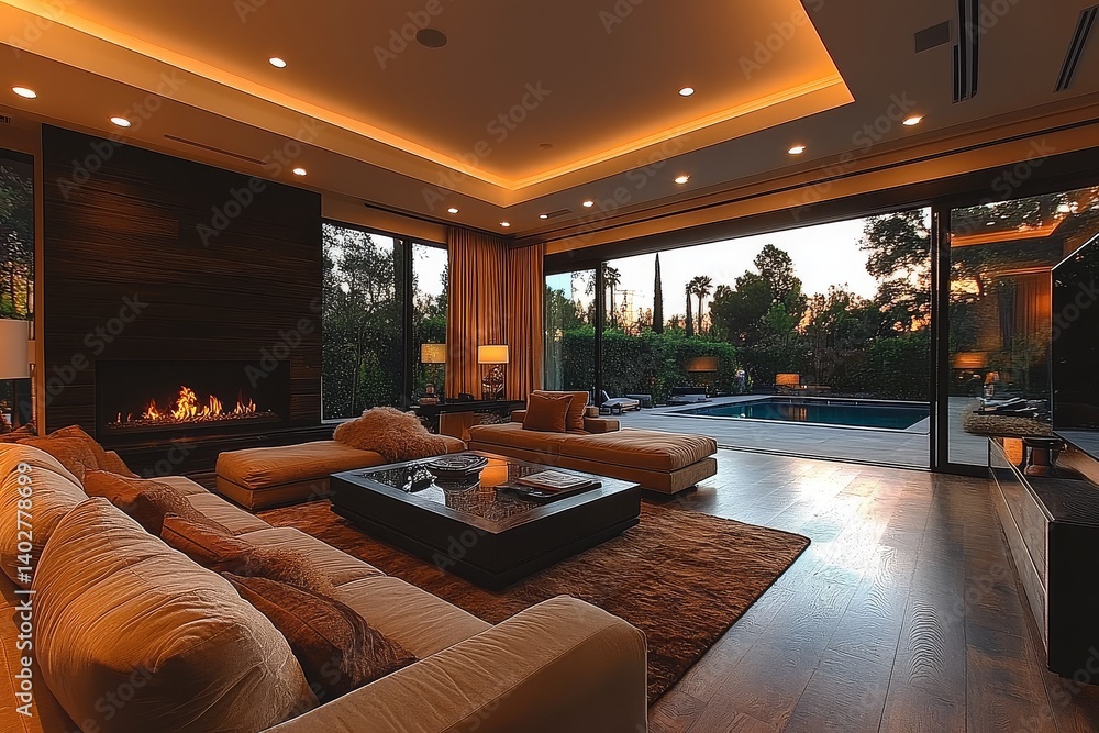 Fototapeta premium Large living room with brown and beige sofas, coffee table, black wood paneling, fireplace, glass doors, and modern interior design with soft lighting.