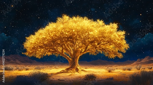 A massive golden tree its softly glowing roots illuminating the arid desert as the stars shine above