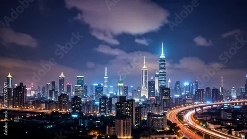 Wallpaper Mural Night cityscape, illuminated skyscrapers, glowing highway, neon lights, New York City skyline, dramatic cloudy sky, urban metropolis, long exposure, vibrant colors, futuristic architecture Torontodigital.ca