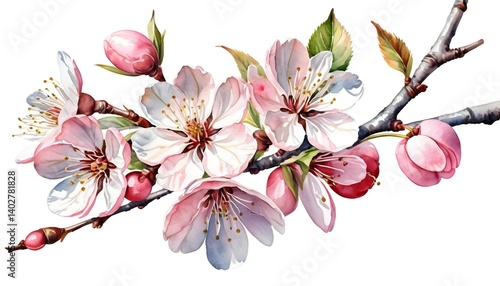 Fototapeta Naklejka Na Ścianę i Meble -  Watercolor Painting of Cherry Blossoms Branch