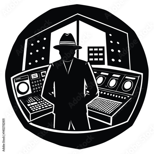 Silhouette of Music Producer in Recording Studio: Vintage Style Illustration of Man with Fedora at Sound Mixing Console in Black and White