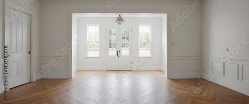 Bright Entryway with Herringbone Wood Floor and French Doors