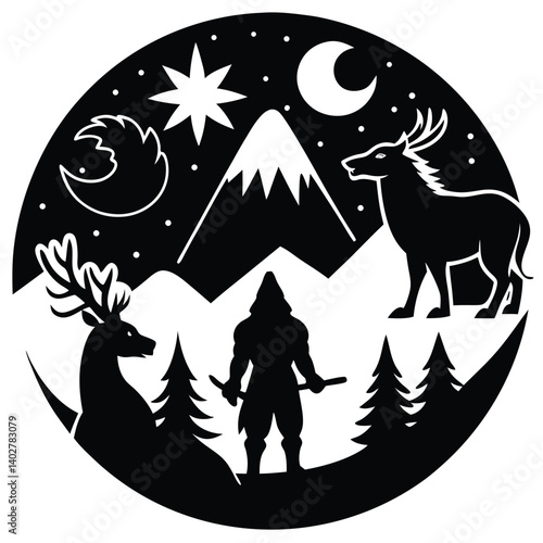 Fantasy Night Scene: Silhouette Art of Hunter, Deer, Mountains, Moon, and Stars - Nature Illustration Vector Graphic