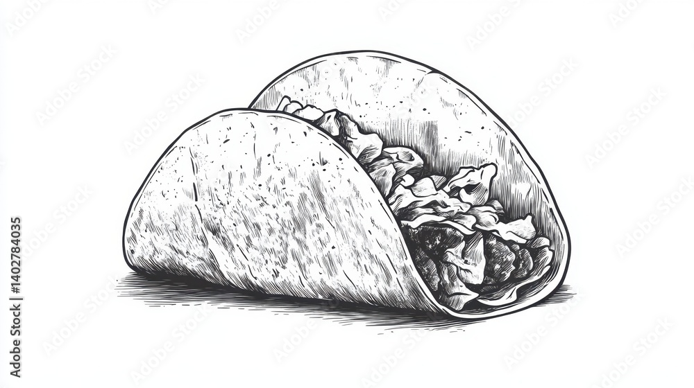 Retro sketch of taco with lettuce and meat in soft shell drawn in vintage hand-drawn black and white style Retro sketch of taco with lettuce and meat in soft shell drawn in vintage hand-drawn black and white style