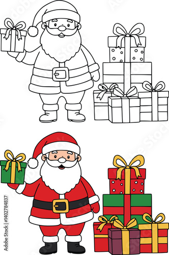 Colorful illustrations of santa claus holding christmas gifts, surrounded by festive holiday cheer. Color and coloring page style for kids family