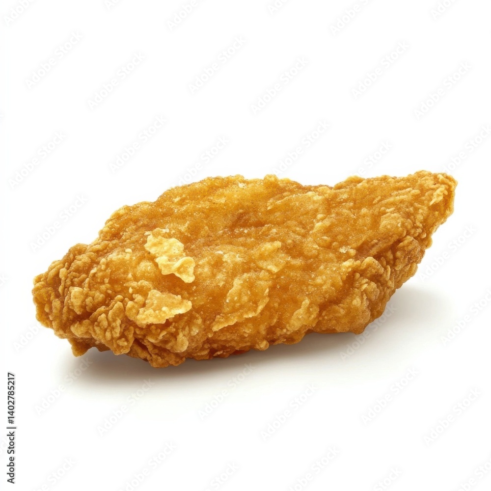 A golden crispy fried chicken tender with a crunchy coating, tender meat inside, and a slight golden hue A golden crispy fried chicken tender with a crunchy coating, tender meat inside, and a slight golden hue