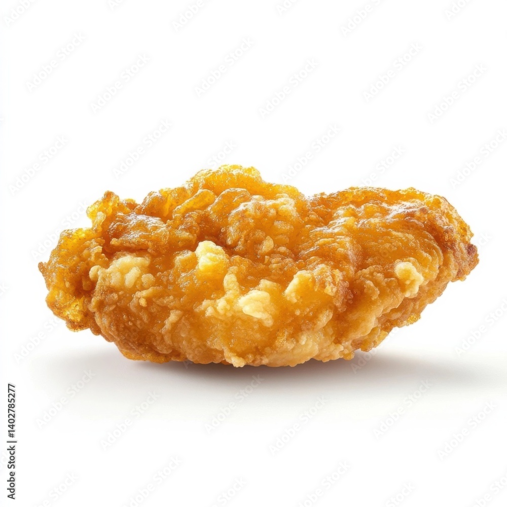 A golden crispy fried chicken tender with a crunchy coating, tender meat inside, and a slight golden hue A golden crispy fried chicken tender with a crunchy coating, tender meat inside, and a slight golden hue