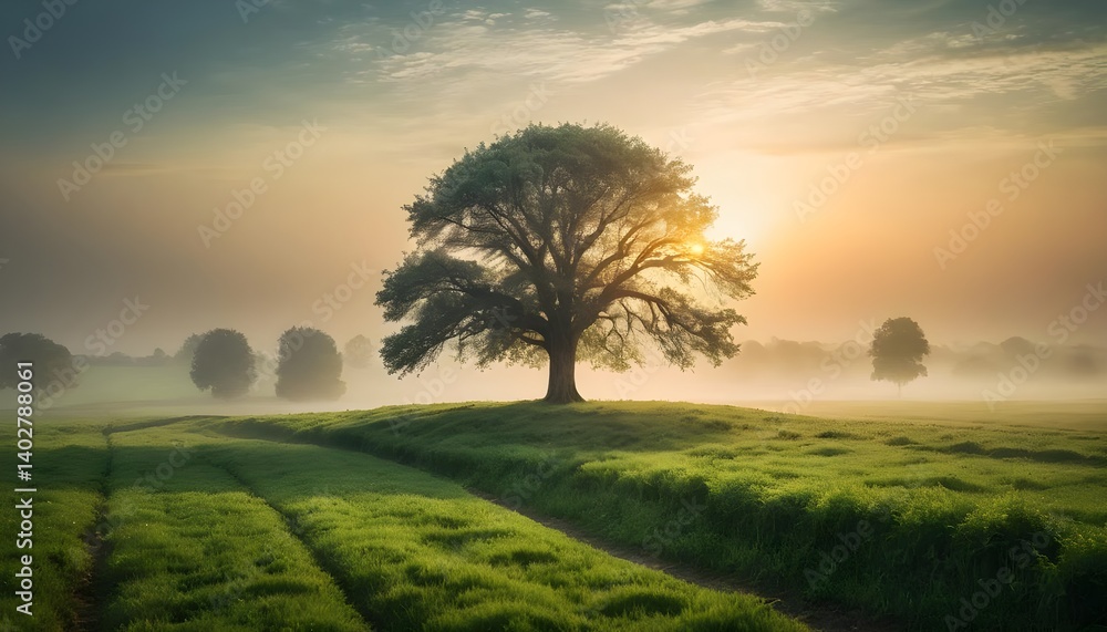 Fototapeta premium Solitary Tree in Misty Field at Sunrise