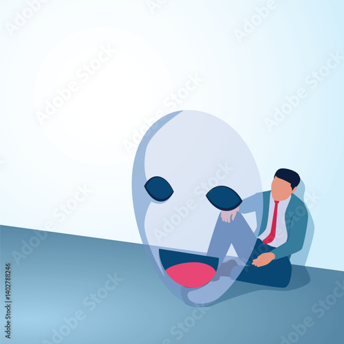 A man sits dejectedly behind a smiling face. A metaphorical illustration of lies, falsehood and hypocrisy in business.
