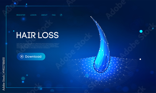 Hair loss treatment concept with single glowing hair follicle structure in digital wireframe design on blue background, modern care solution, scalp health and follicle regeneration