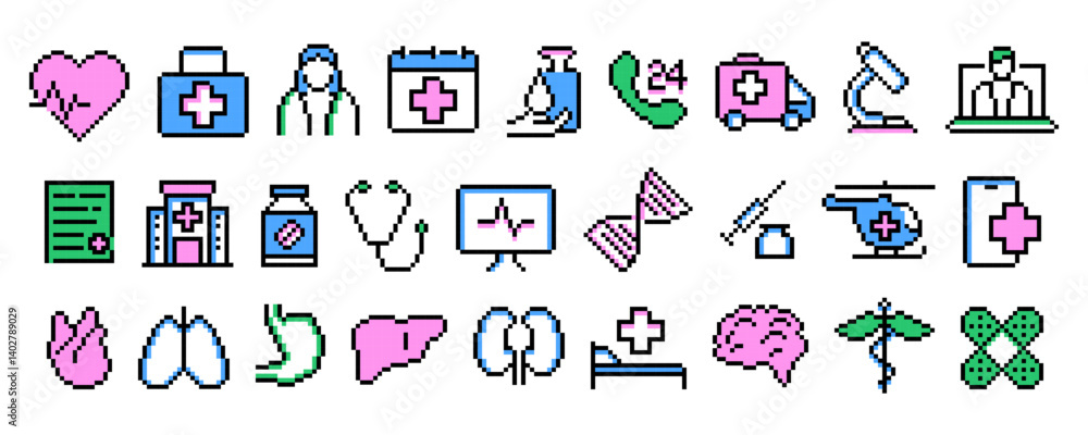 Set of pixel style colorful medical silhouette icons including heart, doctor, ambulance, hospital, organs, stethoscope, helicopter, syringe, mobile app, and microscope.