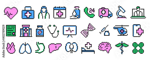 Obraz na płótnie Set of pixel style colorful medical silhouette icons including heart, doctor, ambulance, hospital, organs, stethoscope, helicopter, syringe, mobile app, and microscope. w salonie