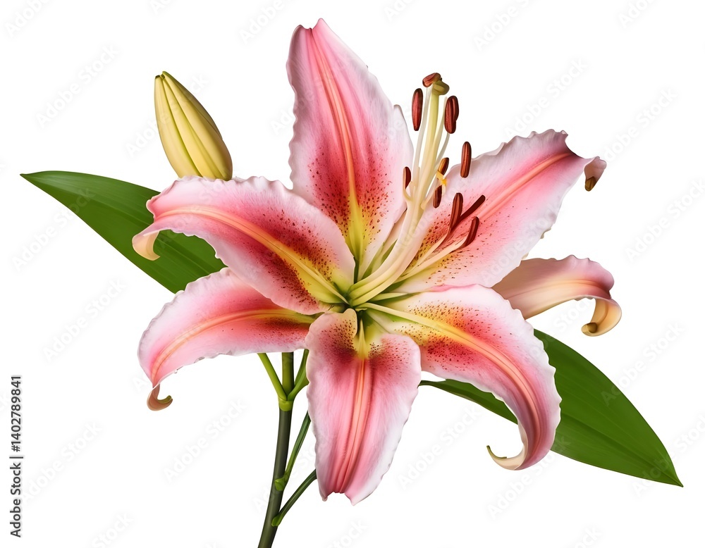 Naklejka premium Pink Lily Flower with Bud and Leaf