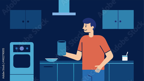 Kitchen Assistant A visually impaired individual using a smart speaker with tactile buttons in a modern kitchen where appliances like the oven and refrigerator are connected and