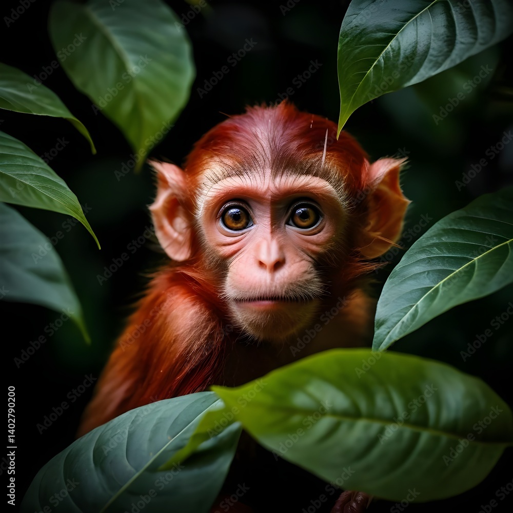 Fototapeta premium Curious Red-shanked Douc Langur Baby Hiding in the Jungle