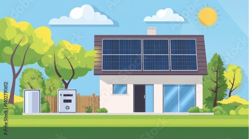 Home power supply scheme with battery energy storage system on modern photovoltaic solar panels at home and rechargeable lithium-ion backup.