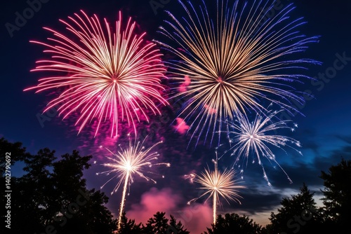Fototapeta Naklejka Na Ścianę i Meble -  Colorful fireworks illuminate the night sky during a summer celebration in a local park