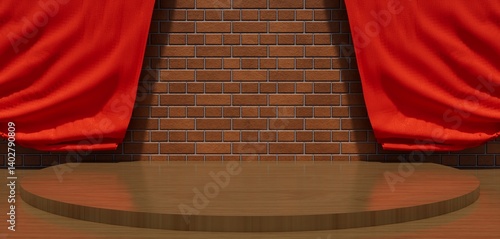 Open red curtains against a brick wall background. The red curtain opens on the stage