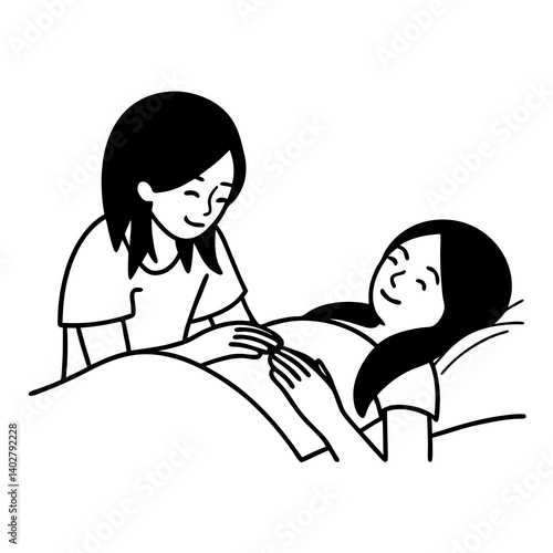 Two women sharing care and support during pregnancy in a cozy bed setting, conveying trust and joy
