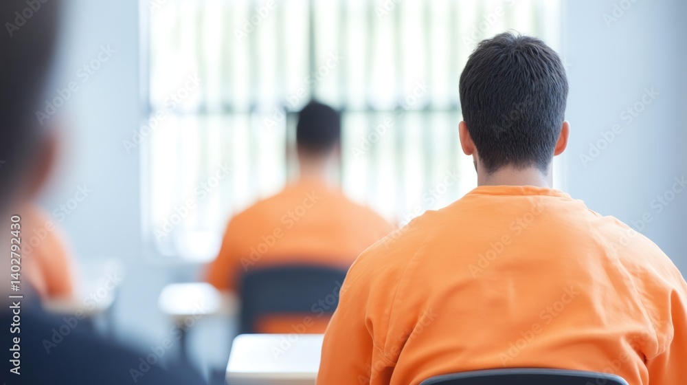Inmates in orange uniforms learning in a classroom with a barred window in the background