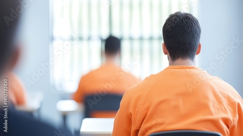 Obraz na płótnie Inmates in orange uniforms learning in a classroom with a barred window in the background w salonie
