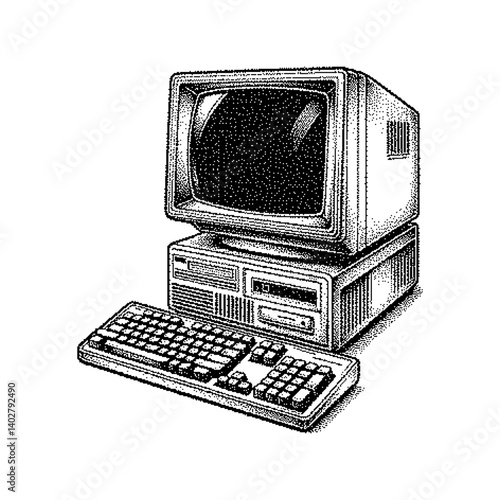 Illustration of a vintage computer setup with keyboard and monitor.