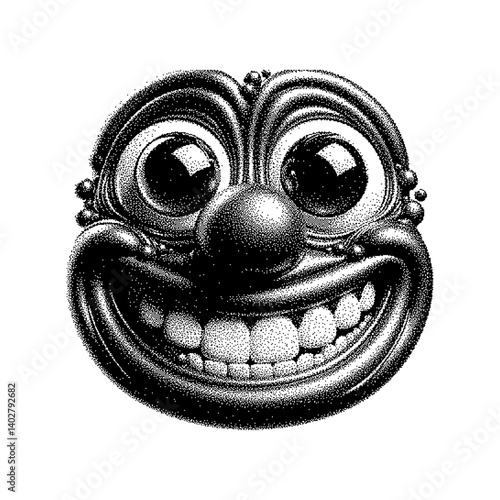 High-contrast monochrome illustration of a large, grinning cartoon face.