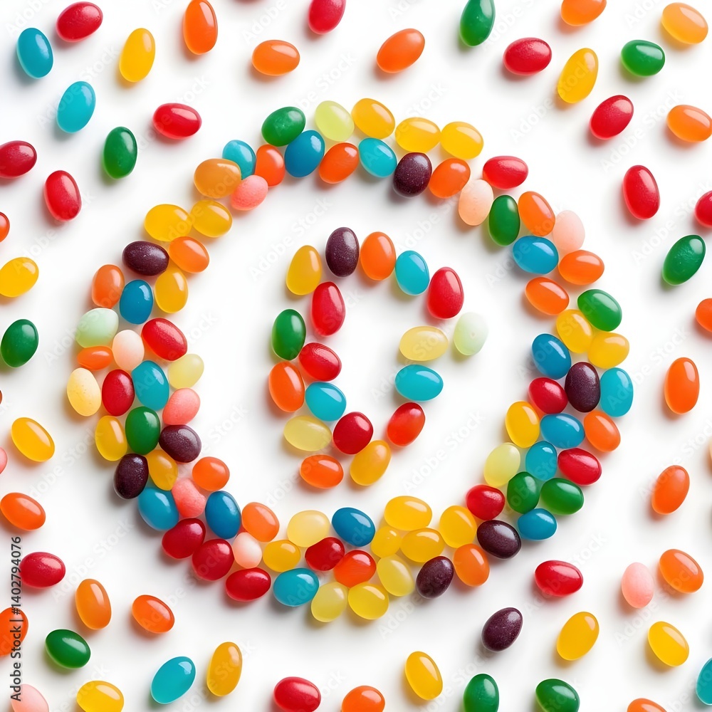 Obraz premium Colorful Jelly Beans Forming a Swirl on White Background