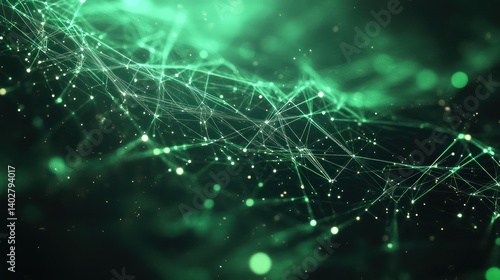 Green digital network, glowing particles, abstract background, tech concept