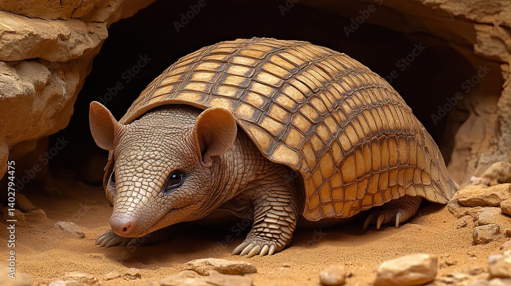 Fototapeta premium A close-up view of a fascinating armadillo nestled in a rocky cave.