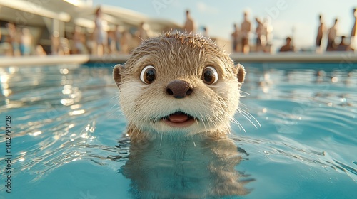 A curious otter enjoys a refreshing swim in a pool.