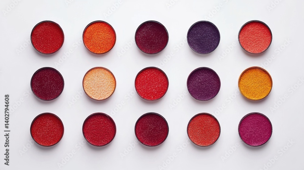 A grid of 16 circular containers filled with various colored powders. A grid of 16 circular containers filled with various colored powders.