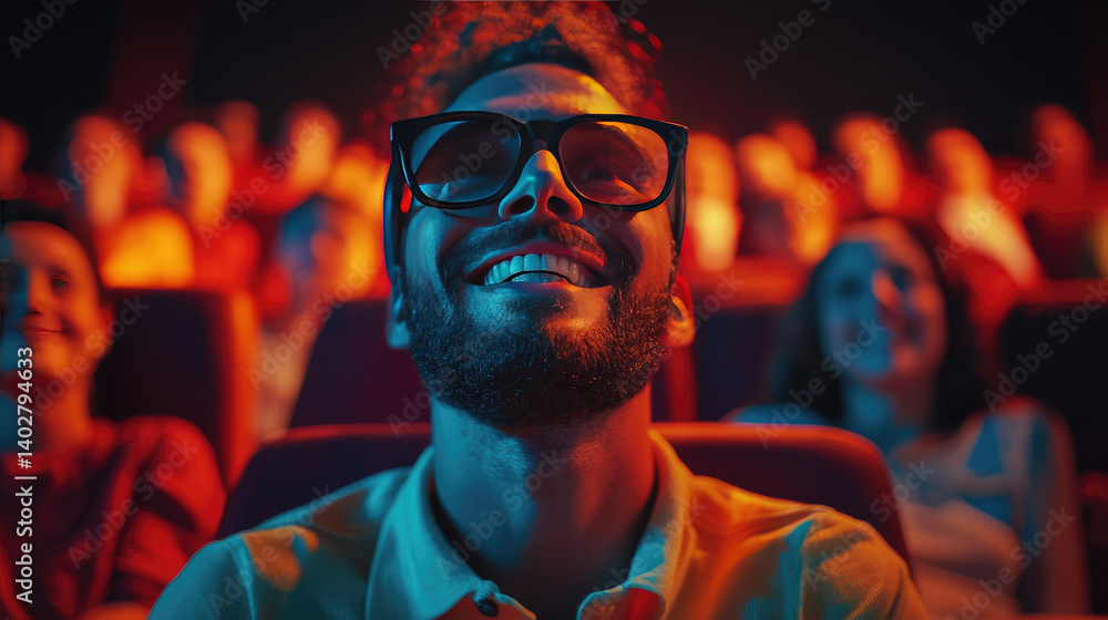 diverse group of cheerful people laughing while watching a comedy movie in a cinema hall, enjoying entertainment and fun atmosphere,banner, copy space,