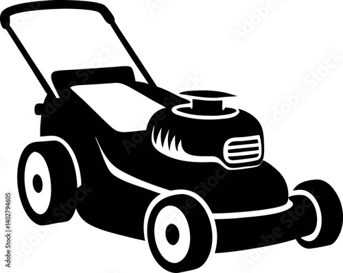Monochrome Silhouette of a Lawn vector Mower with Handle and Four Wheels
