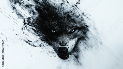 Dramatic, smoky depiction of a fierce wolf's head.