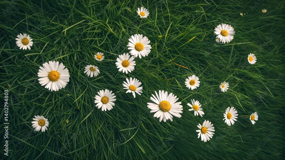 Fototapeta premium Delicate Daisies Dotting a Lush Green Meadow