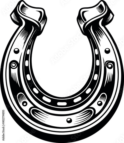 Detailed illustration of a vintage vector horseshoe design in black and white