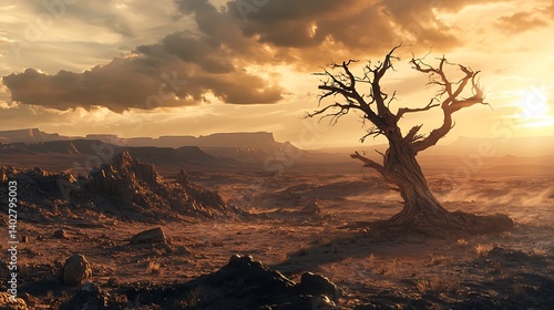 Powerful imagery of a lifeless tree in a sun-scorched desert wasteland