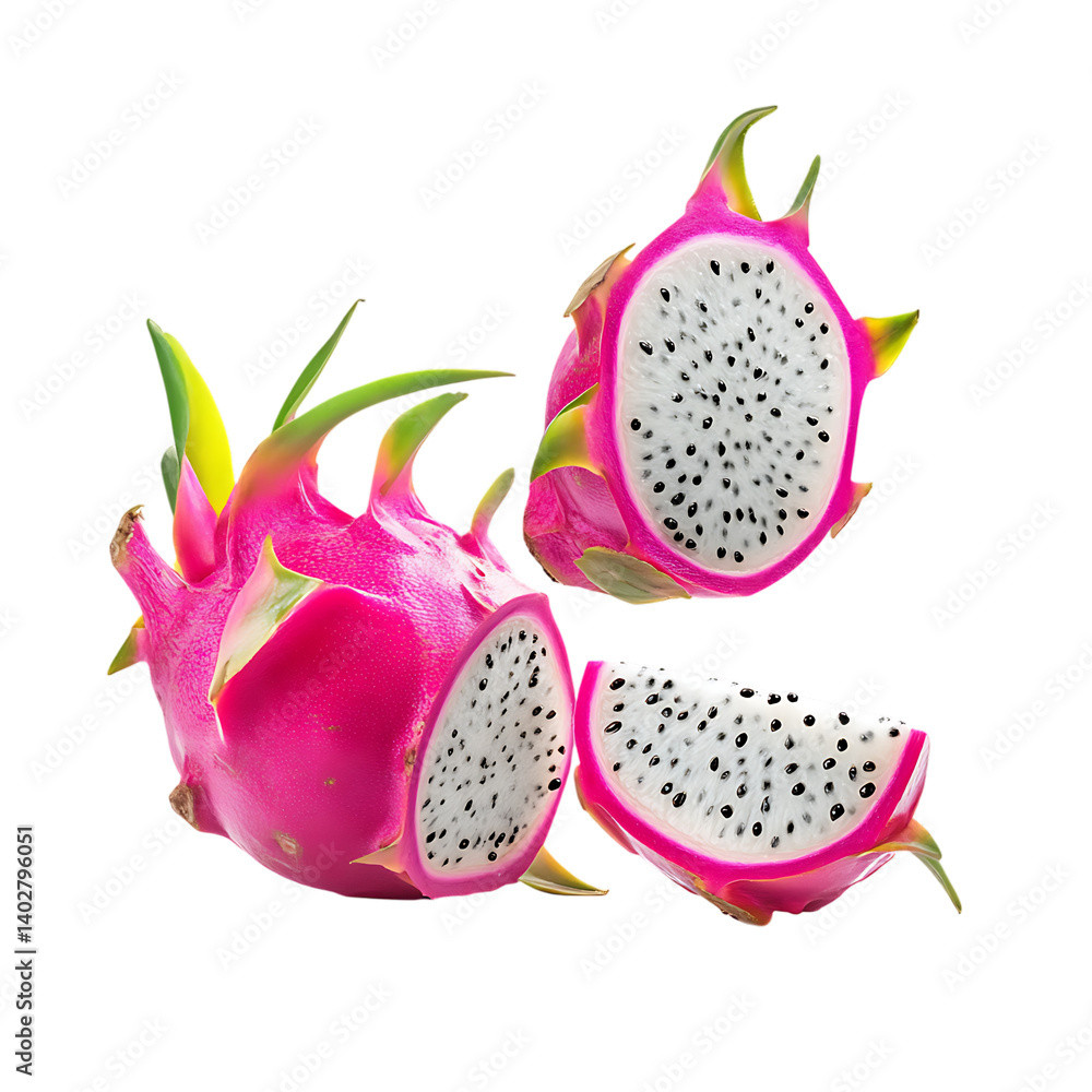 Dragon fruit with half slices falling or floating png Dragon fruit with half slices falling or floating png
