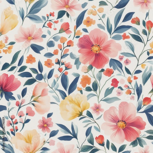 Wallpaper Mural A vibrant floral pattern featuring various colorful flowers and green leaves on a light background. Torontodigital.ca