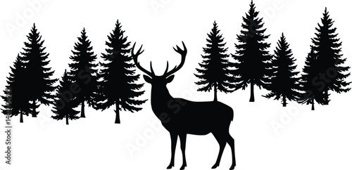 Silhouette of a deer with large antlers standing in front of pine trees, capturing wildlife and nature essence