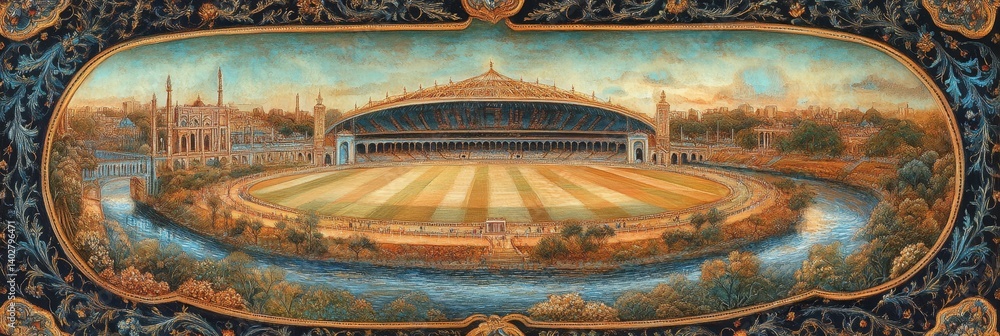 Oval frame shows building with columns and radiating lines in tan and blue.
