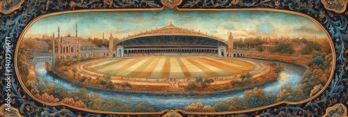 Obraz na płótnie Oval frame shows building with columns and radiating lines in tan and blue. w salonie