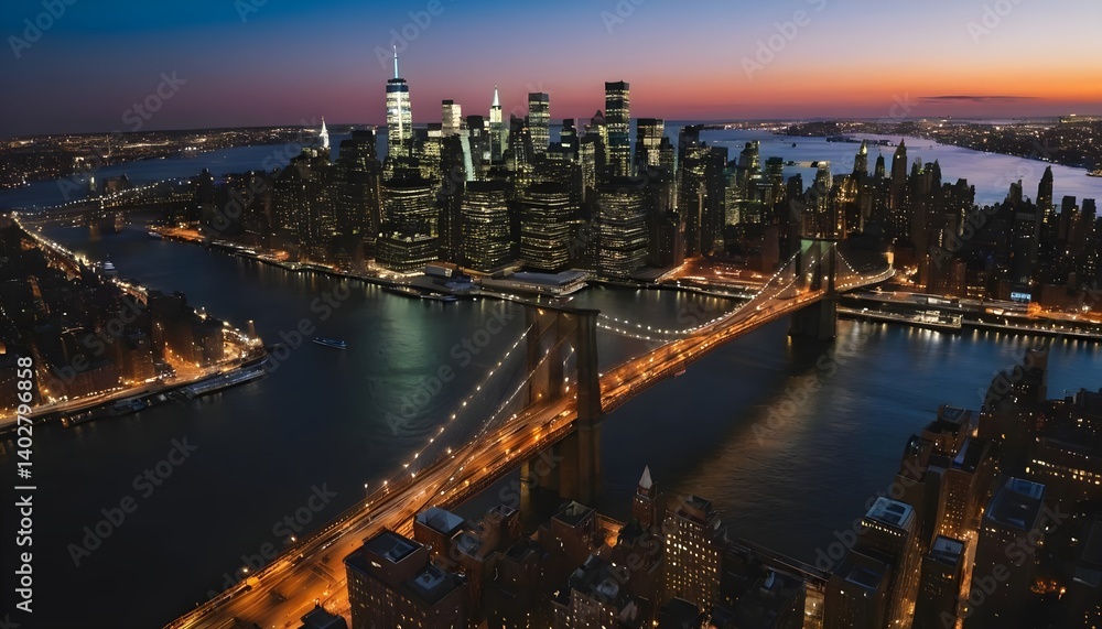 Obraz premium Manhattan Skyline at Night with Brooklyn Bridge