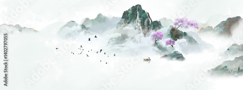 Hand drawn Chinese style ink landscape painting，Spring Landscape Painting