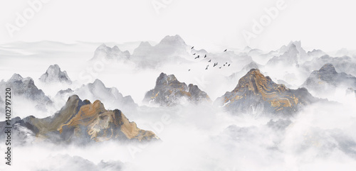 Hand drawn Chinese style ink landscape painting，Spring Landscape Painting