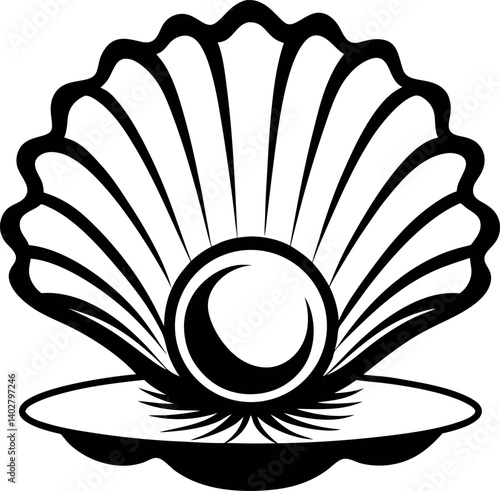 Stylized black and white image of vector a seashell with a pearl inside