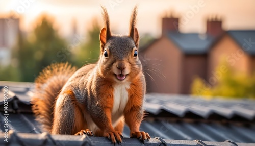 Happy Red Squirrel on Roof